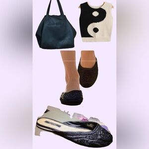 vintage beaded street slippers, angular black bag, yin & yang sleeveless sweater